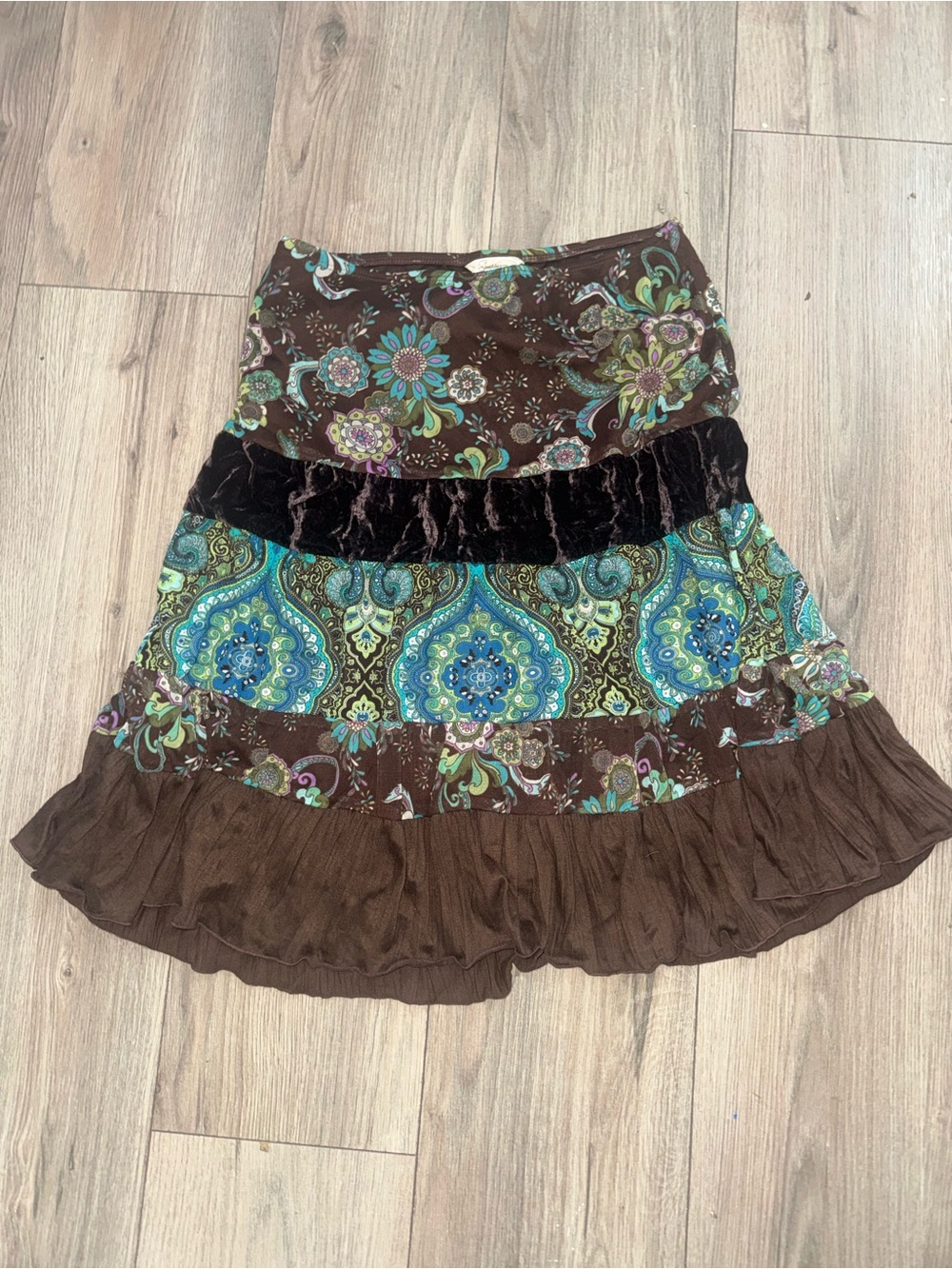 Y2K 2000s Bohemian Floral Tiered Brown and Teal Skirt